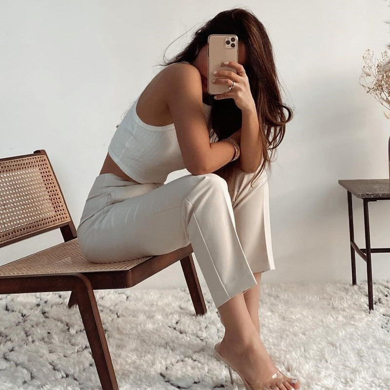 Pantalon Ajustado a Cintura Alta y Pliegues Casuales