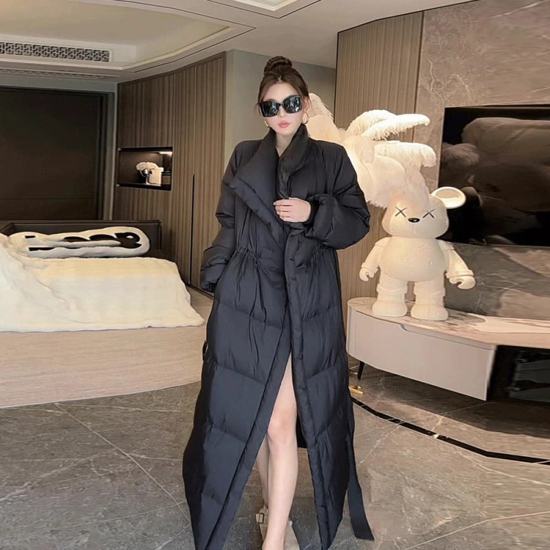 Chaqueta larga acolchada de algodón con solapa elegante retro y cordones