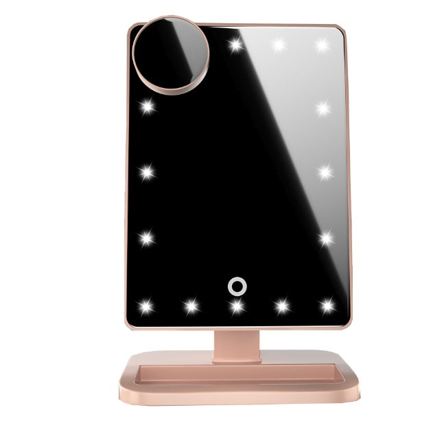 Makeup mirror with lighting, 10x magnification LED, Bluetooth speaker.