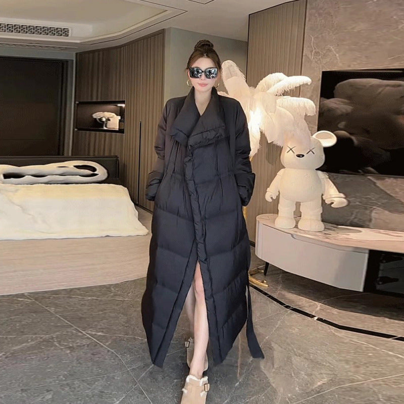 Chaqueta larga acolchada de algodón con solapa elegante retro y cordones