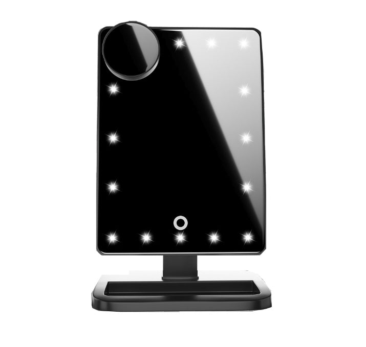 Makeup mirror with lighting, 10x magnification LED, Bluetooth speaker.