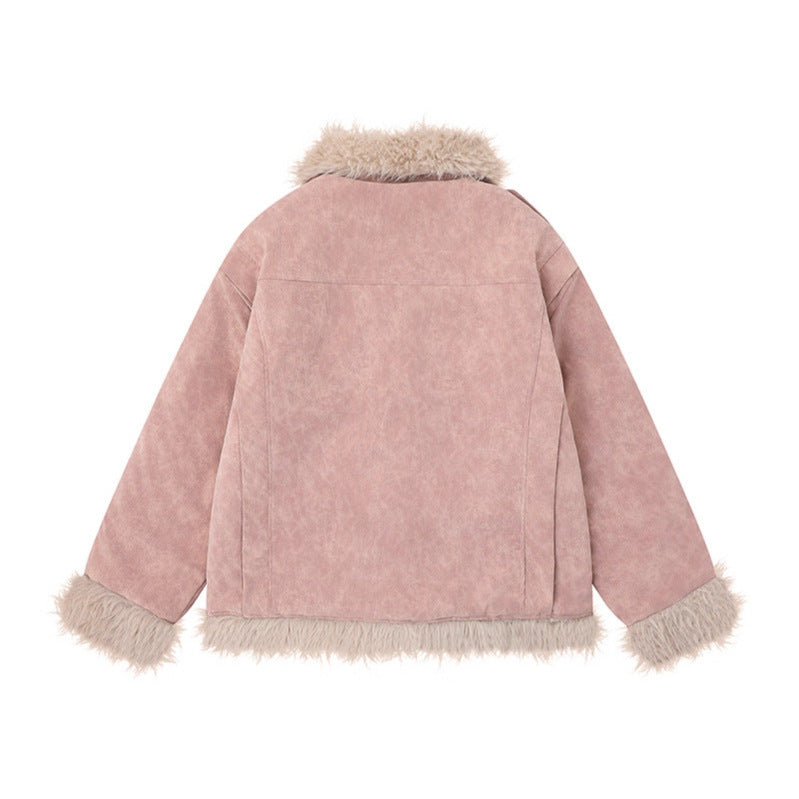 Hermoso abrigo de lana de cordero retro de estilo americano para mujer