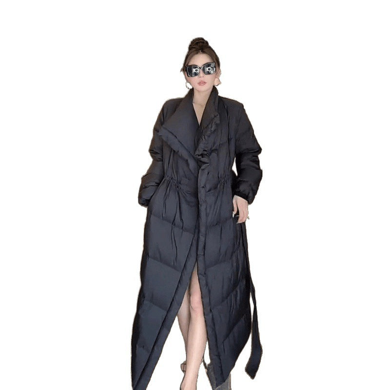 Chaqueta larga acolchada de algodón con solapa elegante retro y cordones