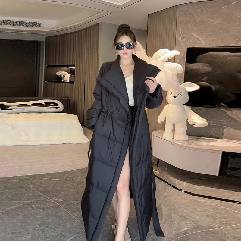 Chaqueta larga acolchada de algodón con solapa elegante retro y cordones