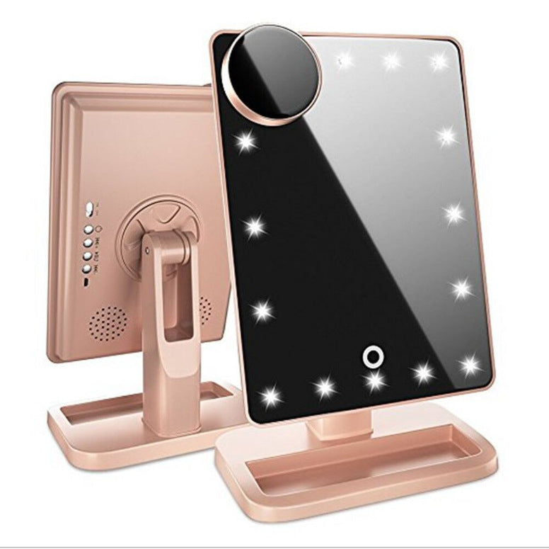 Makeup mirror with lighting, 10x magnification LED, Bluetooth speaker.