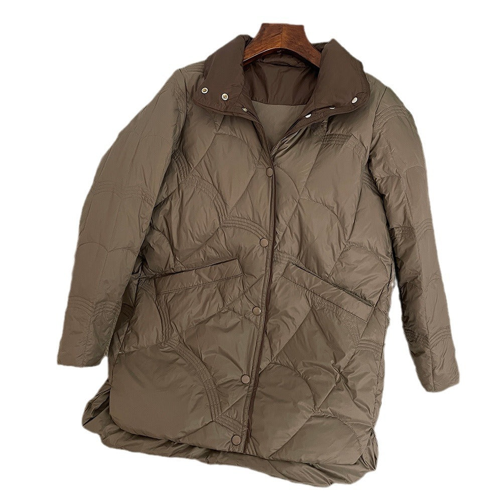 Hermoso abrigo blanco de cuello alto, estilo retro, holgado, de pluma de ganzo para mujer.