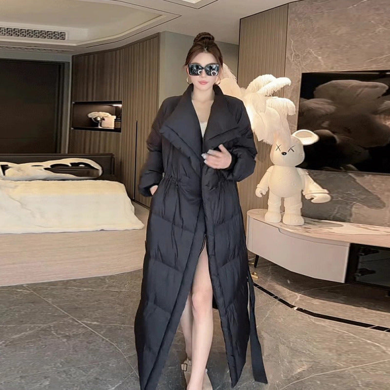 Chaqueta larga acolchada de algodón con solapa elegante retro y cordones