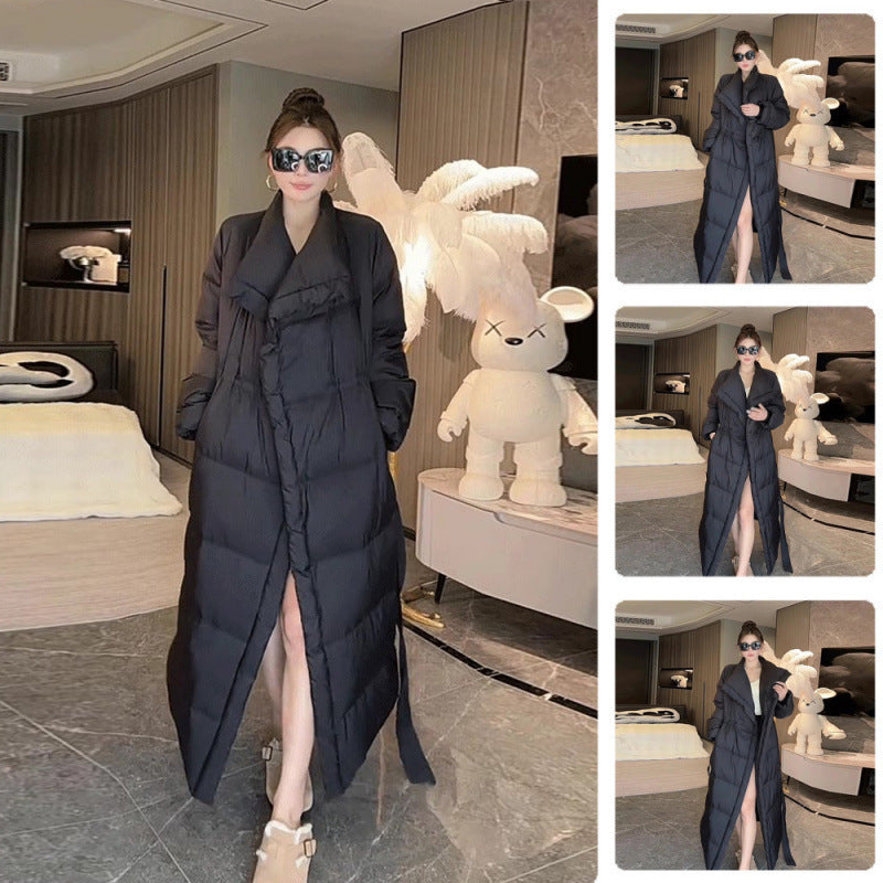 Chaqueta larga acolchada de algodón con solapa elegante retro y cordones