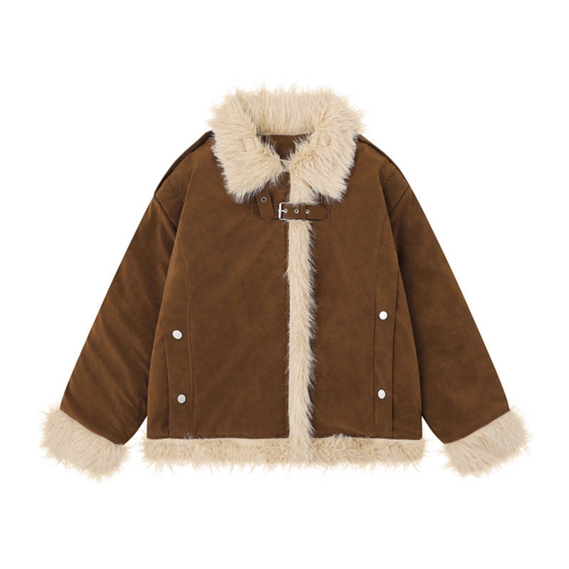 Hermoso abrigo de lana de cordero retro de estilo americano para mujer