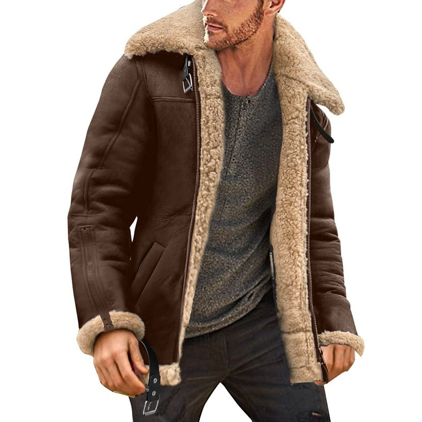 Chaqueta de invierno para hombre de piel sintética con cremallera y forro polar integrado.
