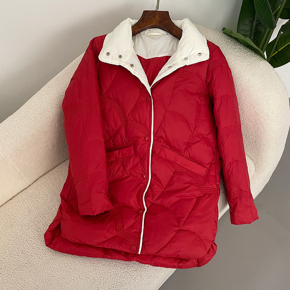 Hermoso abrigo blanco de cuello alto, estilo retro, holgado, de pluma de ganzo para mujer.