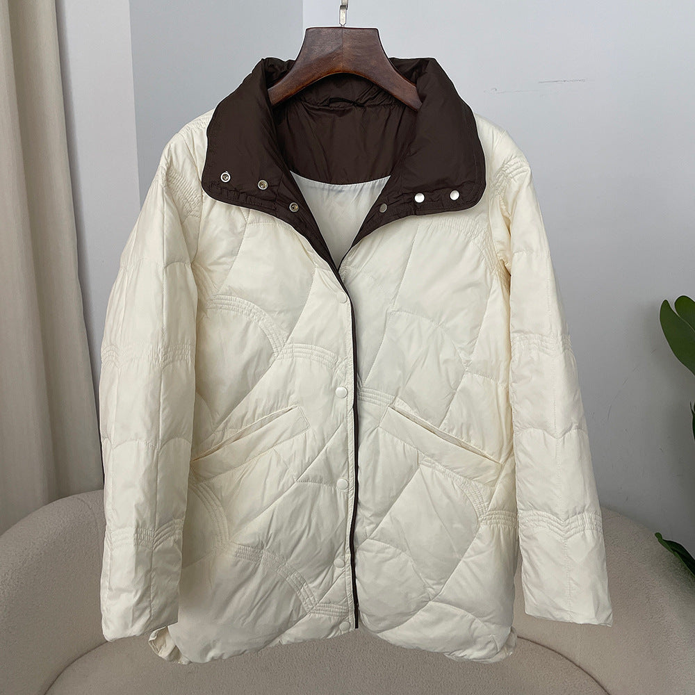 Hermoso abrigo blanco de cuello alto, estilo retro, holgado, de pluma de ganzo para mujer.